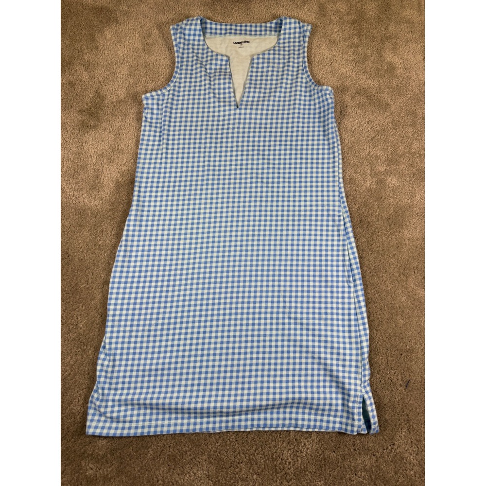 Lands' End Blue Gingham Sleeveless Split Neck Cotton Shift Dress XS 2-4